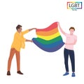 LGBT family two men holding a rainbow flag at the parade - Vector