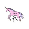 LGBT female lesbian unicorn icon with rainbow horn in cartoon doodle style. Vector