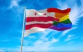 LGBT flag of the District of Columbia state, USA at cloudy sky background on sunset, panoramic view. copy space for wide banner