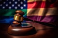 LGBT Law gay marriage. Judge gavel on rainbow color flag top view banner. Transgender rights copy space
