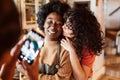 LGBT Lesbian couple love happiness concept. Homosexual women hugging and enjoying time together.