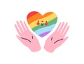 LGBT love heart of rainbow colors. Hands supporting LGBTQ rights, homosexual, bisexual, transgender holiday. Pride month