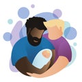 Lgbt male family hugging their little baby. Adoption in gay family concept.Two fathers and baby on blue and white background.