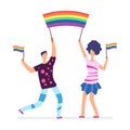 Lgbt parade. People holding rainbow flags. Man and woman vector character