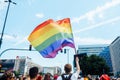 LGBT parade, pride month in Warsaw. Activists Gay, lesbians, trans, hetero people in LGBT Pride Parade march for LGBTQ