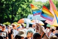 LGBT parade, pride month in Warsaw. Activists Gay, lesbians, trans, hetero people in LGBT Pride Parade march for LGBTQ