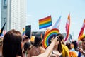 LGBT parade, pride month in Warsaw. Activists Gay, lesbians, trans, hetero people in LGBT Pride Parade march for LGBTQ