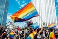 LGBT parade, pride month in Warsaw. Polish and Ukrainian activists march for LGBTQ rights, Equality Parade. Warsaw