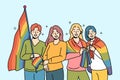 LGBT people with rainbow flags for gay parade are called to celebrate pride month
