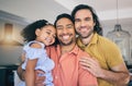 LGBT, portrait and girl child hug parents, happy and smile while enjoying family time in their home together. Gay, love Royalty Free Stock Photo