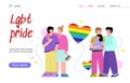 LGBT pride banner with lesbian and homosexual people flat vector illustration.