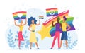 LGBT pride festival vector illustration. Cartoon flat homosexual characters holding rainbow flag and placards on parade