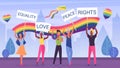 LGBT pride, march parade vector illustration, cartoon flat crowd of LGBT characters with rainbow flag and placard take Royalty Free Stock Photo