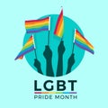 LGBT pride month with hands hold rainbow flag in circle vector design