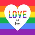 LGBT Pride Month long horizontal banner with colorful LGBTQ flag rainbow. Word LOVE and heart. Love is love concept Royalty Free Stock Photo