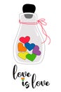 LGBT Pride Month. love is love. LGBTQ Symbol. Glass bottle with rainbow hearts. Rainbow colors of LGBT pride flag. Human