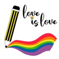 LGBT Pride Month. love is love. LGBTQ Symbol pencil draws rainbow lines. LGBT pride flag Rainbow colors. Vector