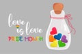 LGBT Pride Month. love is love. LGBTQ Symbol. Glass bottle with rainbow hearts. Rainbow colors of LGBT pride flag
