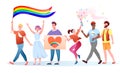 LGBT pride parade vector illustration, cartoon flat happy homosexual and transgender people holding LGBT rainbow flag on