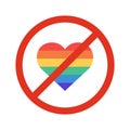 LGBT is prohibited vector flat illustration isolated on white background. Rainbow heart in crossed out red circle.