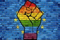 LGBT Protest Fist on a Europe Brick Wall Flag