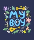 lgbt quote I am his boy, concept, print, postcard, banner in a beautiful thematic frame of hearts, guitars, dumbbells