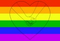 LGBT rainbow flag with heart and holding hands outline. The concept of homosexual love, gay lesbian bisexual transgender people. Royalty Free Stock Photo