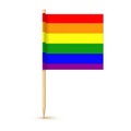 LGBT rainbow toothpick flag isolated on wood stick with white paper. Realistic little tooth pick for lunch. Vector