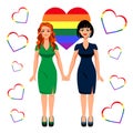 Two women are holding hands. LGBT flag