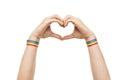 Male hands with gay pride wristbands showing heart Royalty Free Stock Photo