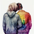 lgbt, same-sex relationships and homosexual concept - close up of hugging male couple wearing gay pride rainbow