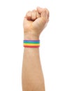 Hand with gay pride rainbow wristband shows fist