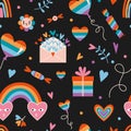 LGBT seamless pattern with cute rainbow romantic elements on a black background, cartoon style. Trendy modern vector