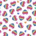 LGBT seamless pattern. Vector rainbow striped hearts isolated on white background