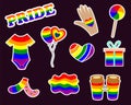 LGBT stickers with gender signs, rainbow colored clothes, food. Pride month 2021 concept. Gay parade stickers. Human