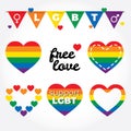 Lgbt support, fight for gay rights, hearts graphic set, rainbow colors.