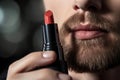 LGBTQ bearded gay man using red lipstick, young LGBT guy applying make-up, closeup, homosexual male trans concept, generative AI