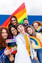 LGBTQ community people celebrating gay pride day festival taking vertical selfie Royalty Free Stock Photo