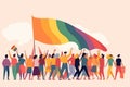 LGBTQ community pride parade, crowd of cheerful individuals walking waving vibrant rainbow flag