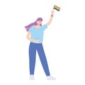 Lgbtq community pride, young woman rainbow flag in hand cartoon isolated icon design