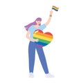 Lgbtq community pride, young woman rainbow heart cartoon isolated icon design