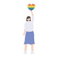 Lgbtq community pride, young woman rainbow heart in hand cartoon isolated icon design
