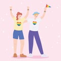 LGBTQ community, young lesbian women celebrating cartoon, gay parade sexual discrimination protest