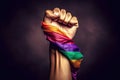 LGBTQ concept. Positive people holding rainbow flag isolated in studio. Pride month. Royalty Free Stock Photo