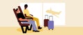 Man in an airport lounge. Flat vector stock illustration. Man passengers with a suitcase. Men traveling. Waiting for the flight. Royalty Free Stock Photo
