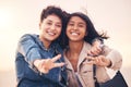Lgbtq, couple and peace sign portrait of interracial lesbian women together on travel adventure. Summer, friends and Royalty Free Stock Photo
