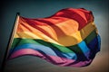 LGBTQ flag waving in the wind at cloudy sky