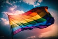 LGBTQ flag waving in the wind at cloudy sky