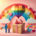 LGBTQ lovers gift box with a large rainbow heart balloon of rainbow colors