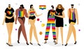 The LGBTQ group, woman and man rainbow clothes, celebrations international PRIDE DAY, LGBT parade. Stop homophobia. The